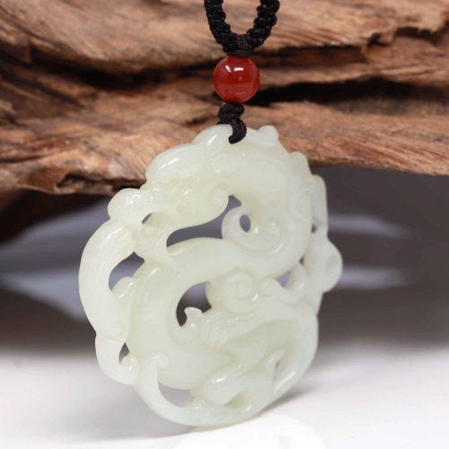 Jade Dragon In Cloud" Genuine White Nephrite Jade Dragon Pendant Necklace