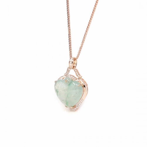 Baikalla 18K Rose Gold Genuine Burmese Ice Jadeite Heart Pendant with Diamonds High Jewelry