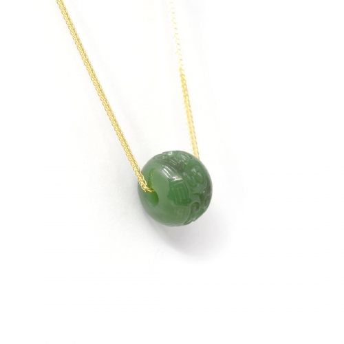 Nephrite Green Jade Bead Pendant Necklace With Lucky Pattern