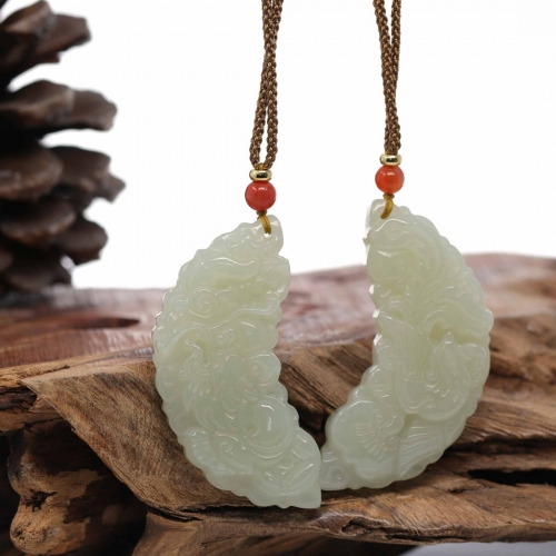 "Dragon & Phoenix" Genuine HeTian White Nephrite Jade Pendant Necklace